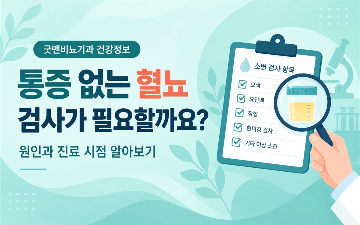 통증 없는 혈뇨의 검사 필요성과 진료 시점을 안내하는 문구, 소변 검사표와 검체를 살펴보는 돋보기 그림