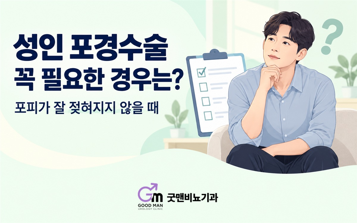 성인 포경수술이 필요한 경우를 안내하는 문구와 상담 안내표·남성 그림, 하단 중앙의 굿맨비뇨기과 로고